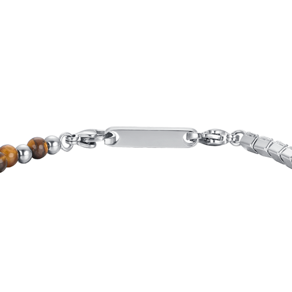 HERRENARMBAND AUS STAHL MIT WEISSEN KRISTALLEN UND TIGERAUGE-STEINEN