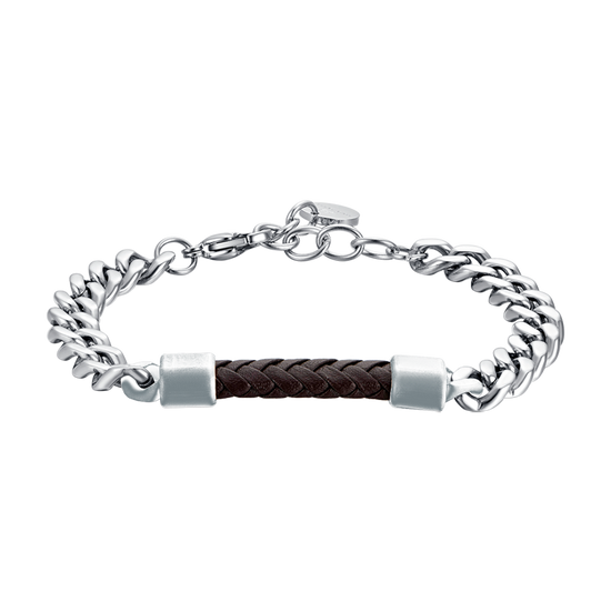 BRACCIALE UOMO IN ACCIAIO CON ELEMENTO IN CUOIO MARRONE Luca Barra