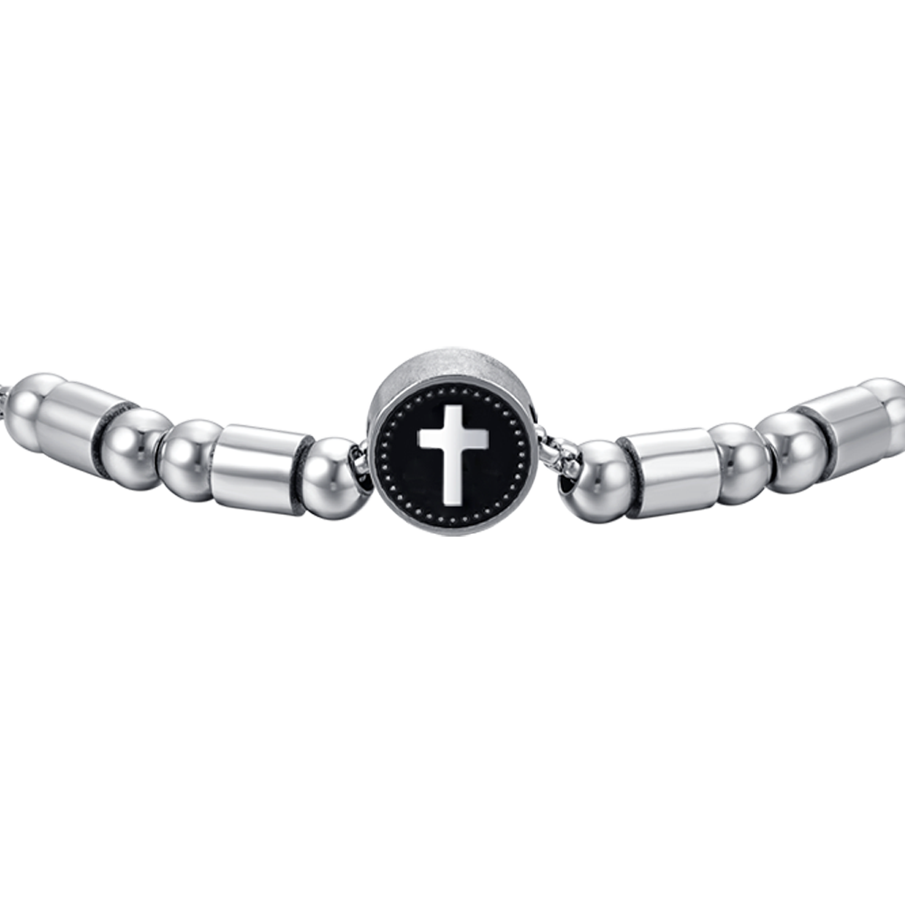 HERREN-ELEMENTARMBAND AUS STAHL MIT SILBERNEM KREUZ UND SCHWARZER EMAILLE