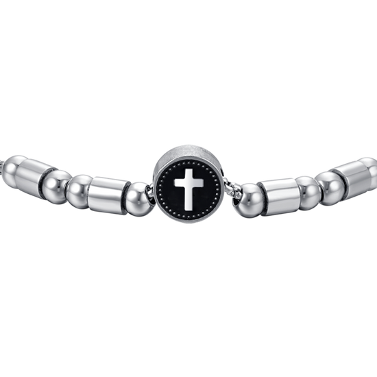 HERREN-ELEMENTARMBAND AUS STAHL MIT SILBERNEM KREUZ UND SCHWARZER EMAILLE