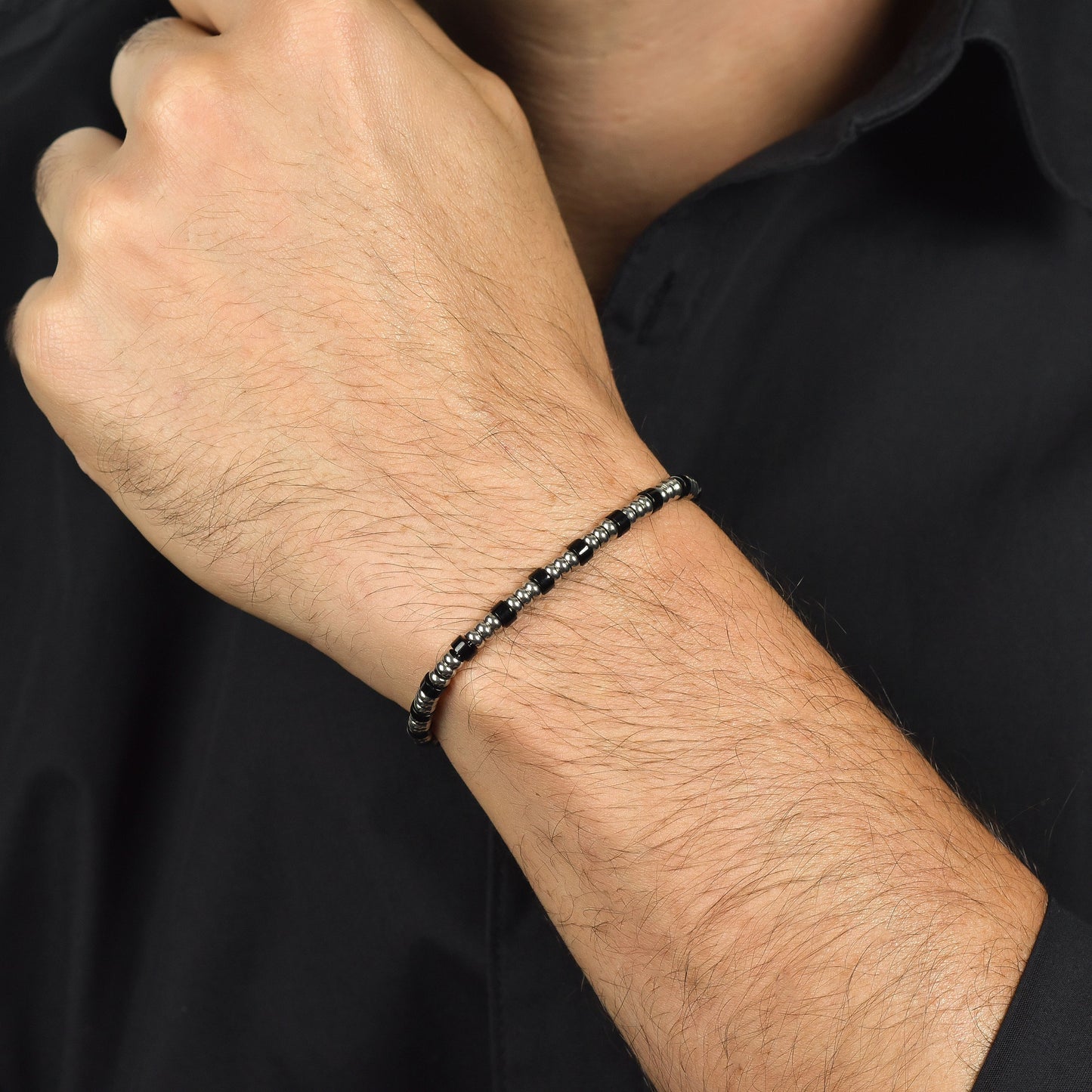 BRACCIALE UOMO IN ACCIAIO CON ELEMENTI SILVER E PIETRE NERE Luca Barra