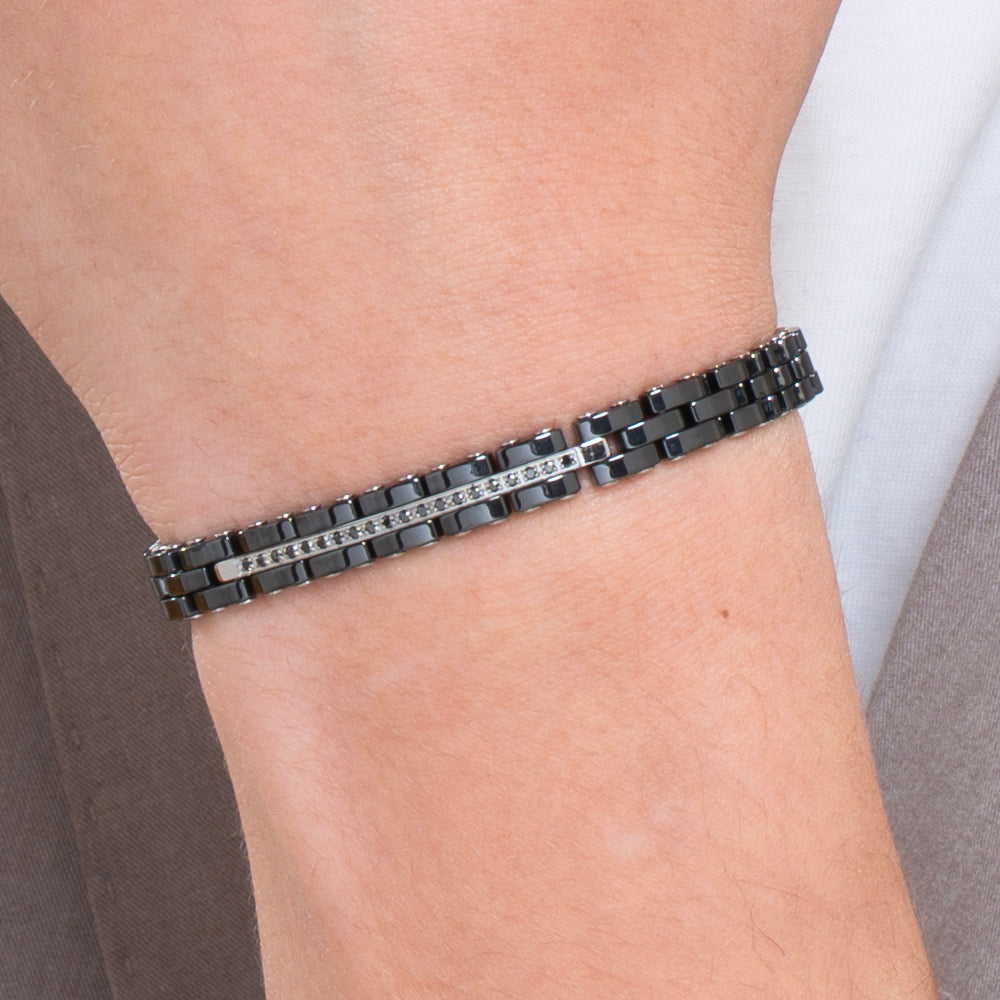 HERRENARMBAND AUS STAHL UND SCHWARZER KERAMIK MIT SCHWARZEN KRISTALLEN