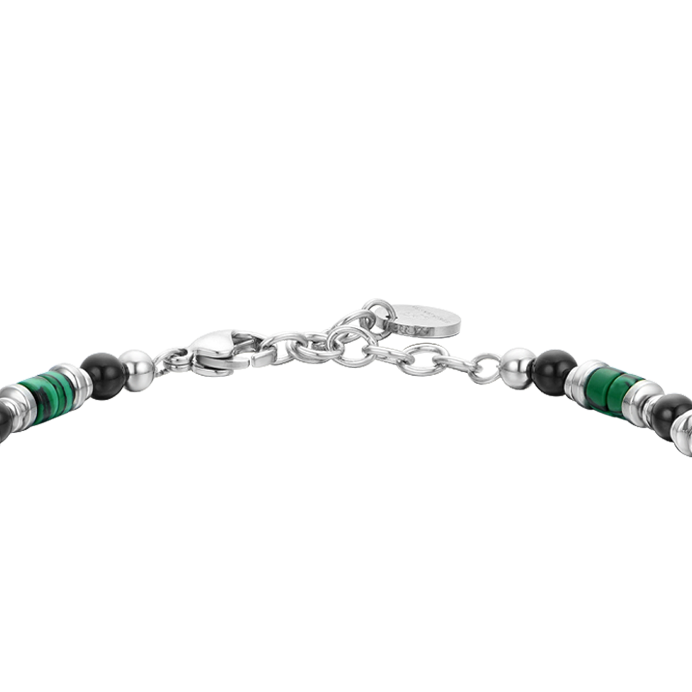 BRACCIALE UOMO IN ACCIAIO CON AGATA NERA E MALACHITE VERDE