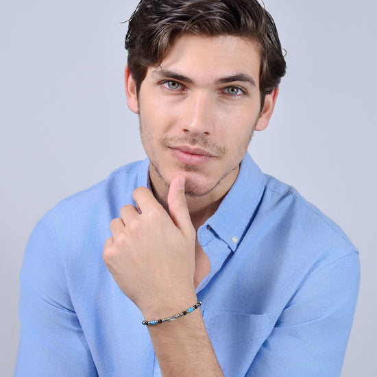 BRACCIALE UOMO IN ACCIAIO CON AGATA NERA E PIETRE TURCHESI