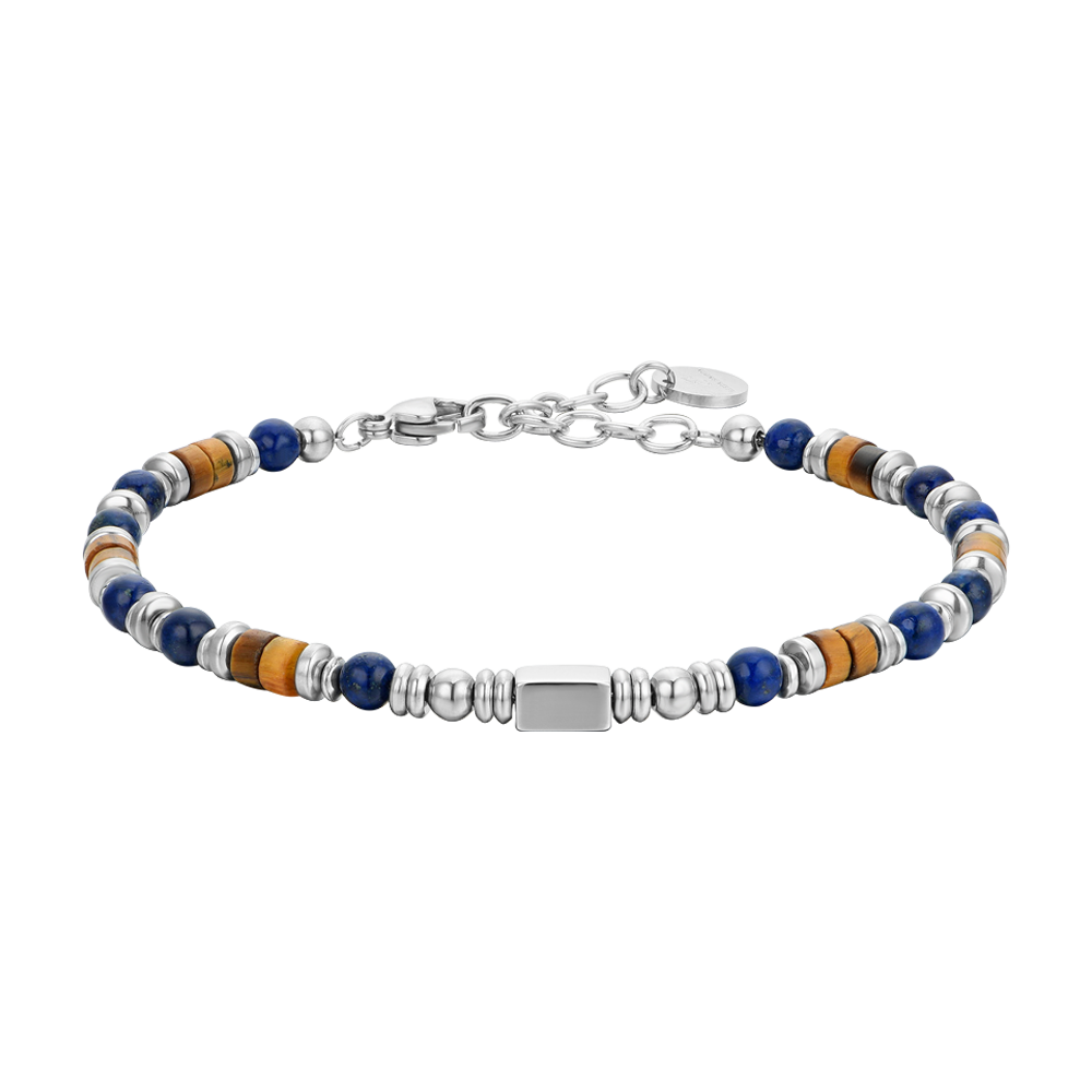 BRACCIALE UOMO IN ACCIAIO CON PIETRA LAPIS ED ELEMENTI OCCHIO DI TIGRE
