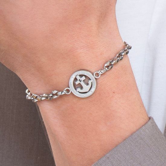 HERRENARMBAND MIT ANKER AUS STAHL UND SCHWARZEM KRISTALL