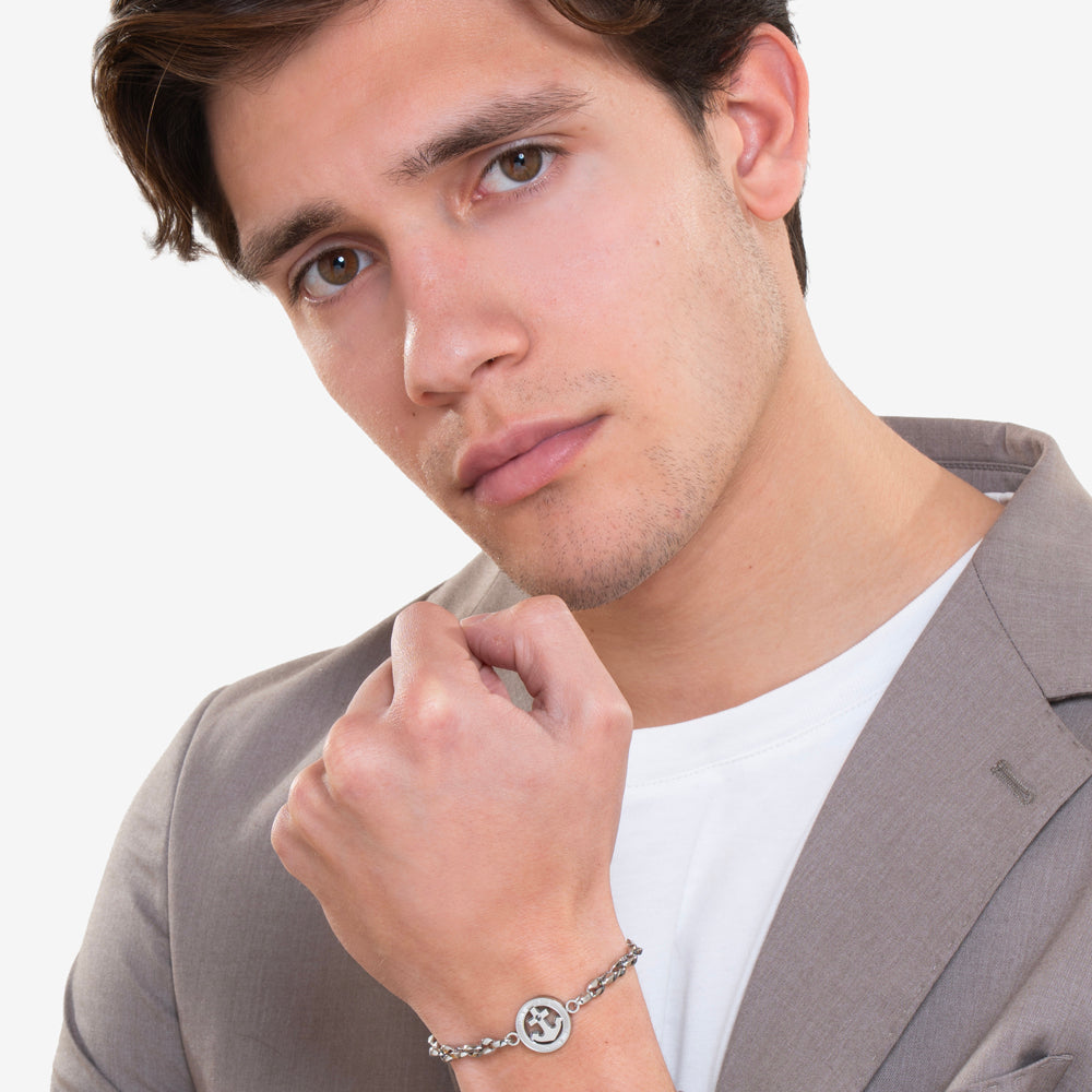 HERRENARMBAND MIT ANKER AUS STAHL UND SCHWARZEM KRISTALL