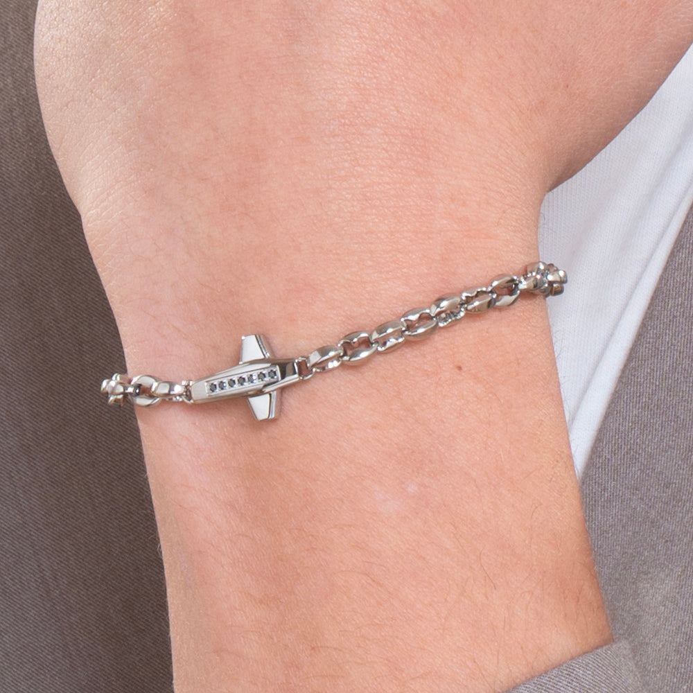 HERRENARMBAND AUS STAHL MIT KREUZ UND SCHWARZEM ZIRKONIUMDIOXID