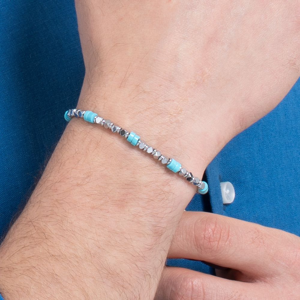 BRACCIALE UOMO IN ACCIAIO CON EMATITE E PIETRE TURCHESI