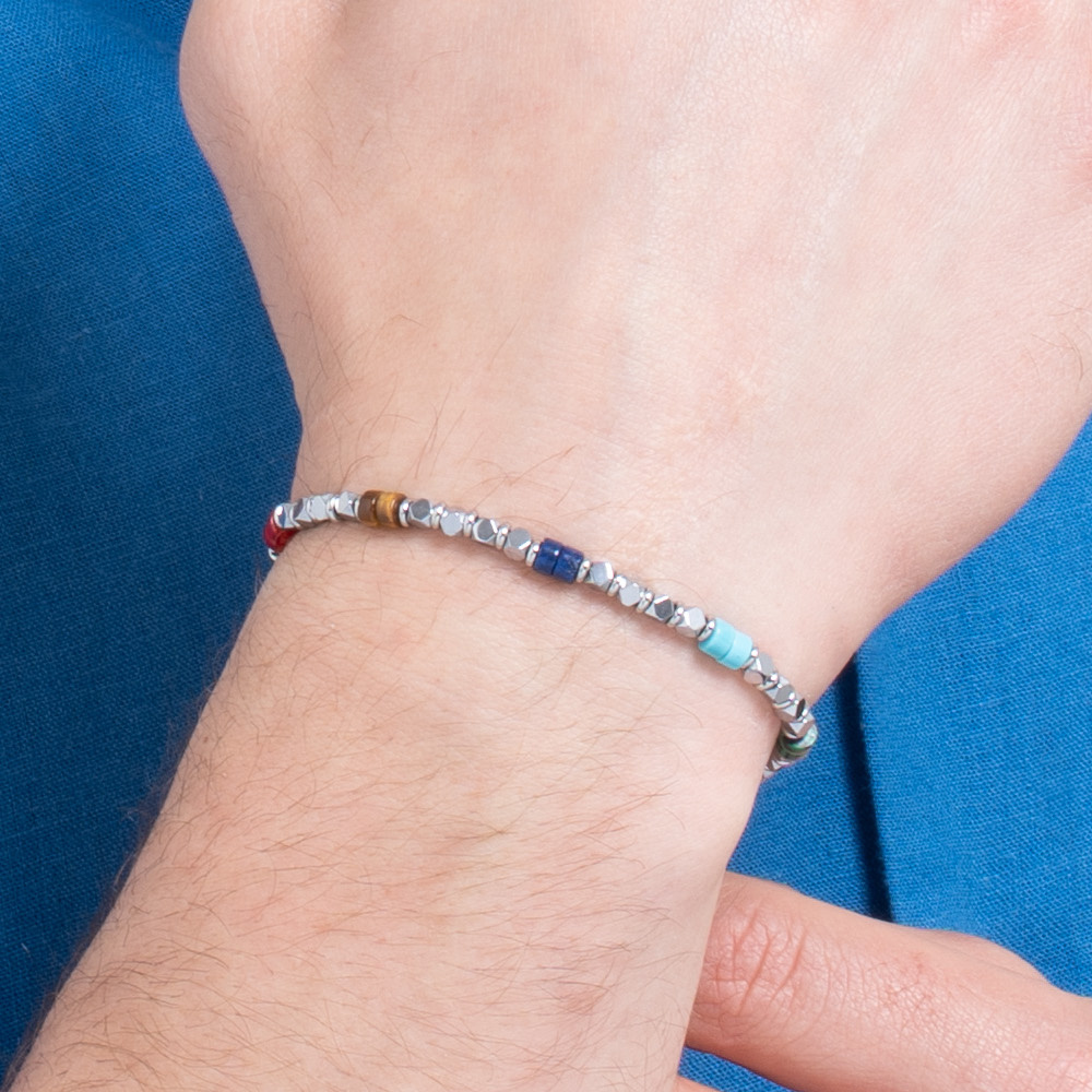 BRACCIALE UOMO IN ACCIAIO CON EMATITE E PIETRE MULTICOLOR