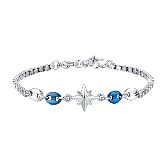 BRACCIALE UOMO IN ACCIAIO CON ROSA DEI VENTI ED ELEMENTI IN ACCIAIO IP BLU