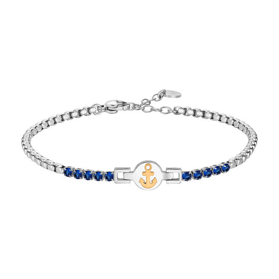 BRACCIALE TENNIS UOMO IN ACCIAIO CON ANCORA IP ROSE E ZIRCONI BLU