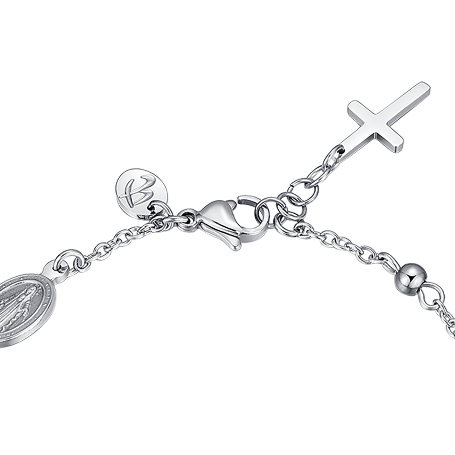 HERRENARMBAND AUS STAHL MIT ROSENKRANZ, KREUZANHÄNGER UND SCHWARZEN KRISTALLEN