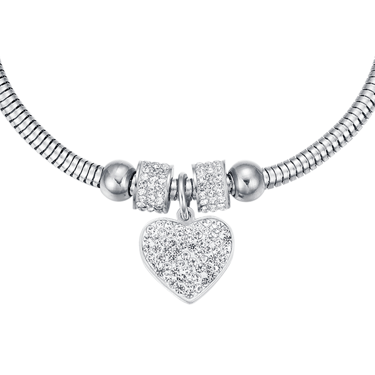 DAMENARMBAND AUS STAHL MIT HERZ UND WEISSEN KRISTALLEN