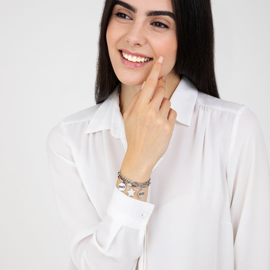 DAMEN-STAHLARMBAND MIT WEISSEN KRISTALLEN UND EMAILLEPLATTEN