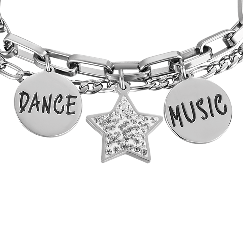 DAMEN-STAHLARMBAND MIT WEISSEN KRISTALLEN UND EMAILLEPLATTEN