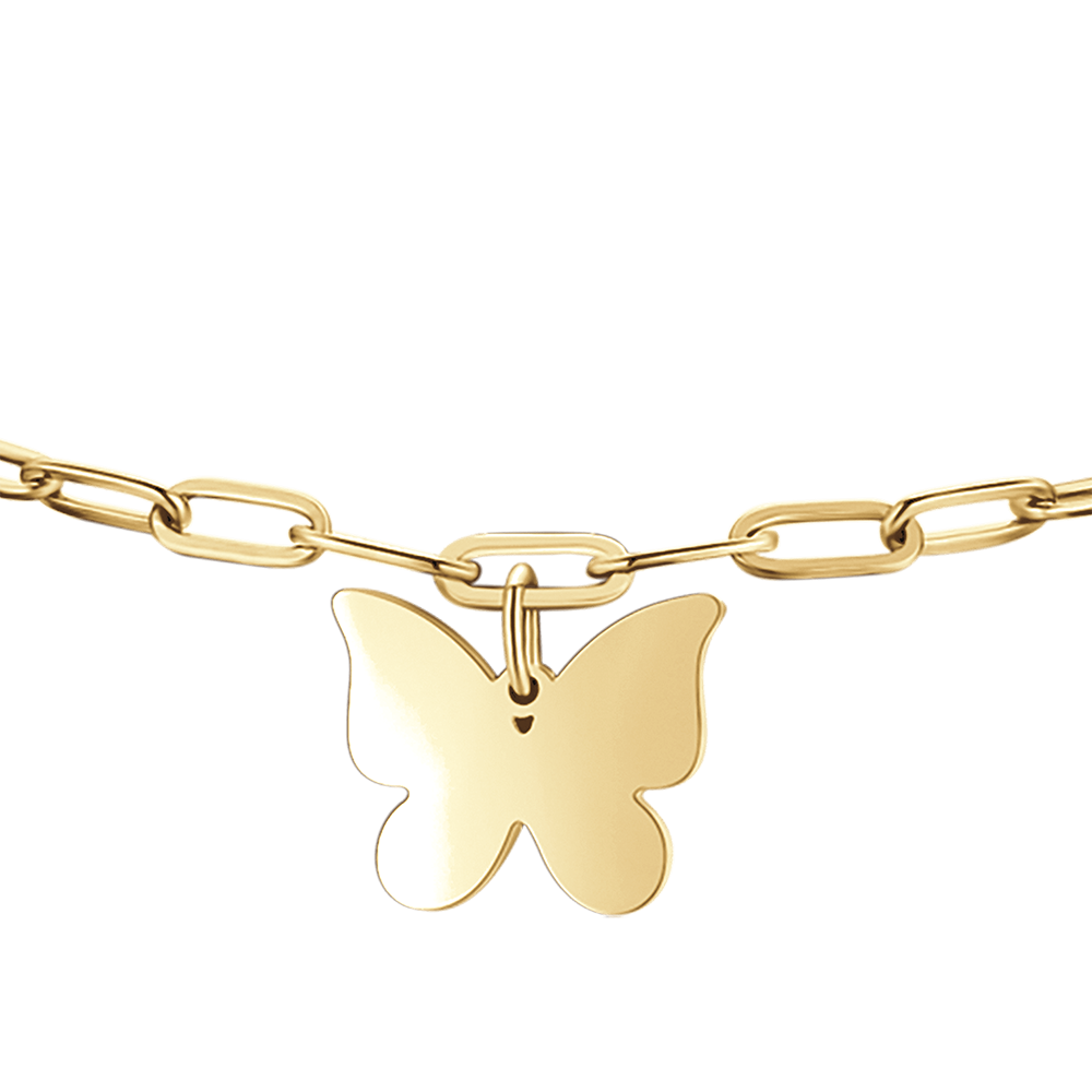 DAMENARMBAND AUS VERGOLDETEM STAHL MIT HERZ, SCHMETTERLING UND VIERBLÄTTRIGEM KLEEBLATT
