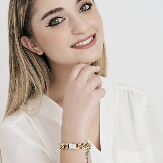 DAMENARMBAND AUS VERGOLDETEM STAHL UND WEISSEM KRISTALL