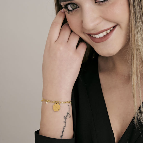 IP GOLD STAHL DAMENARMBAND MIT VIERBLÄTTRIGEM KLEEBLATT UND KRISTALLEN