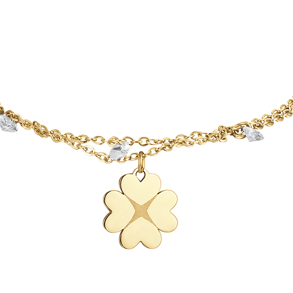 IP GOLD STAHL DAMENARMBAND MIT VIERBLÄTTRIGEM KLEEBLATT UND KRISTALLEN