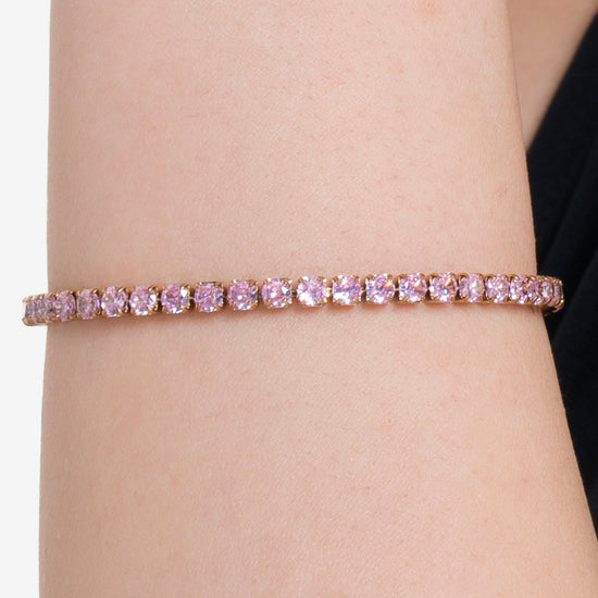 DAMEN IP GOLD STAHL TENNISARMBAND MIT ROSA KRISTALLEN