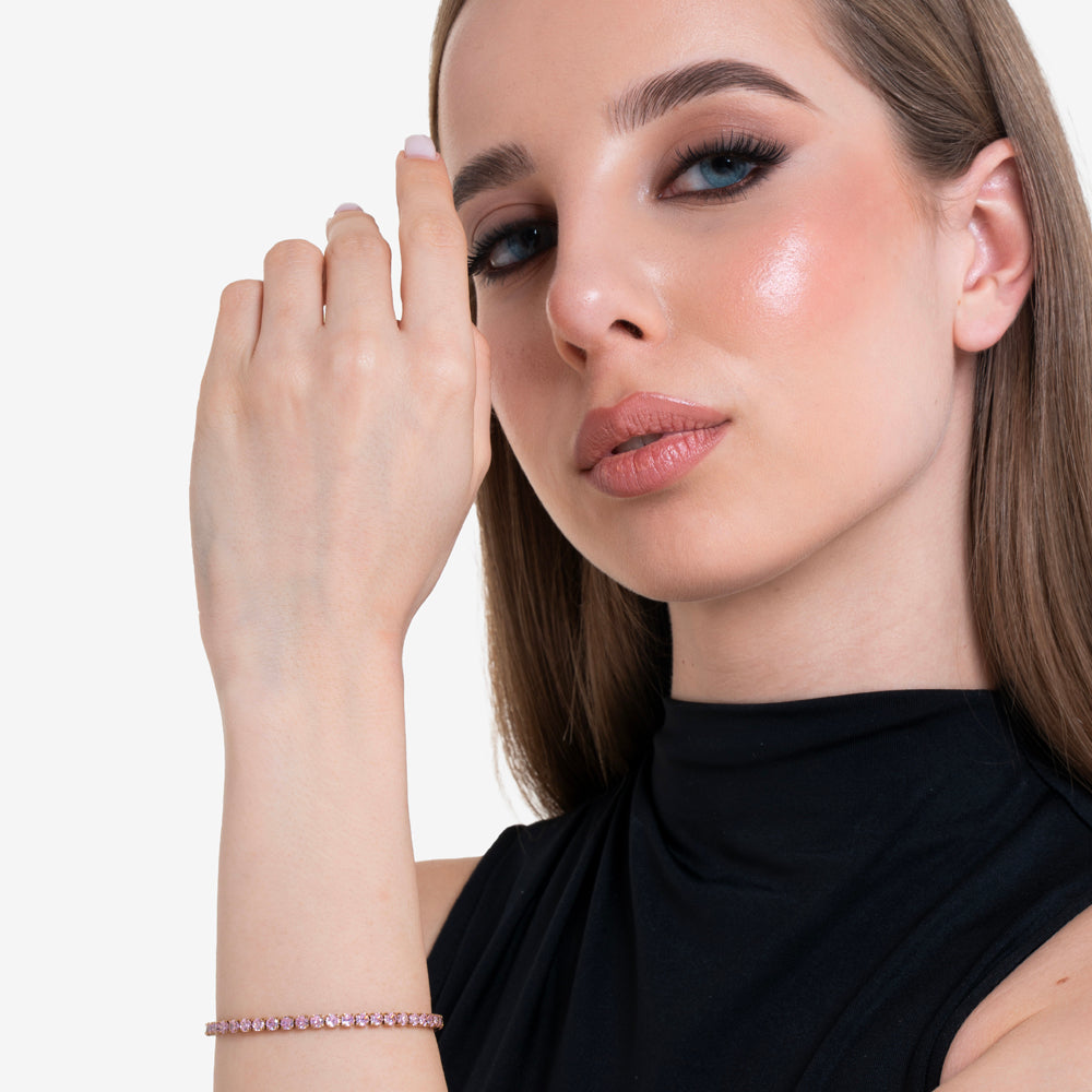 DAMEN IP GOLD STAHL TENNISARMBAND MIT ROSA KRISTALLEN