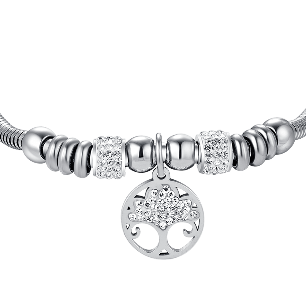 DAMENARMBAND AUS STAHL MIT LEBENSBAUM UND WEISSEN KRISTALLEN