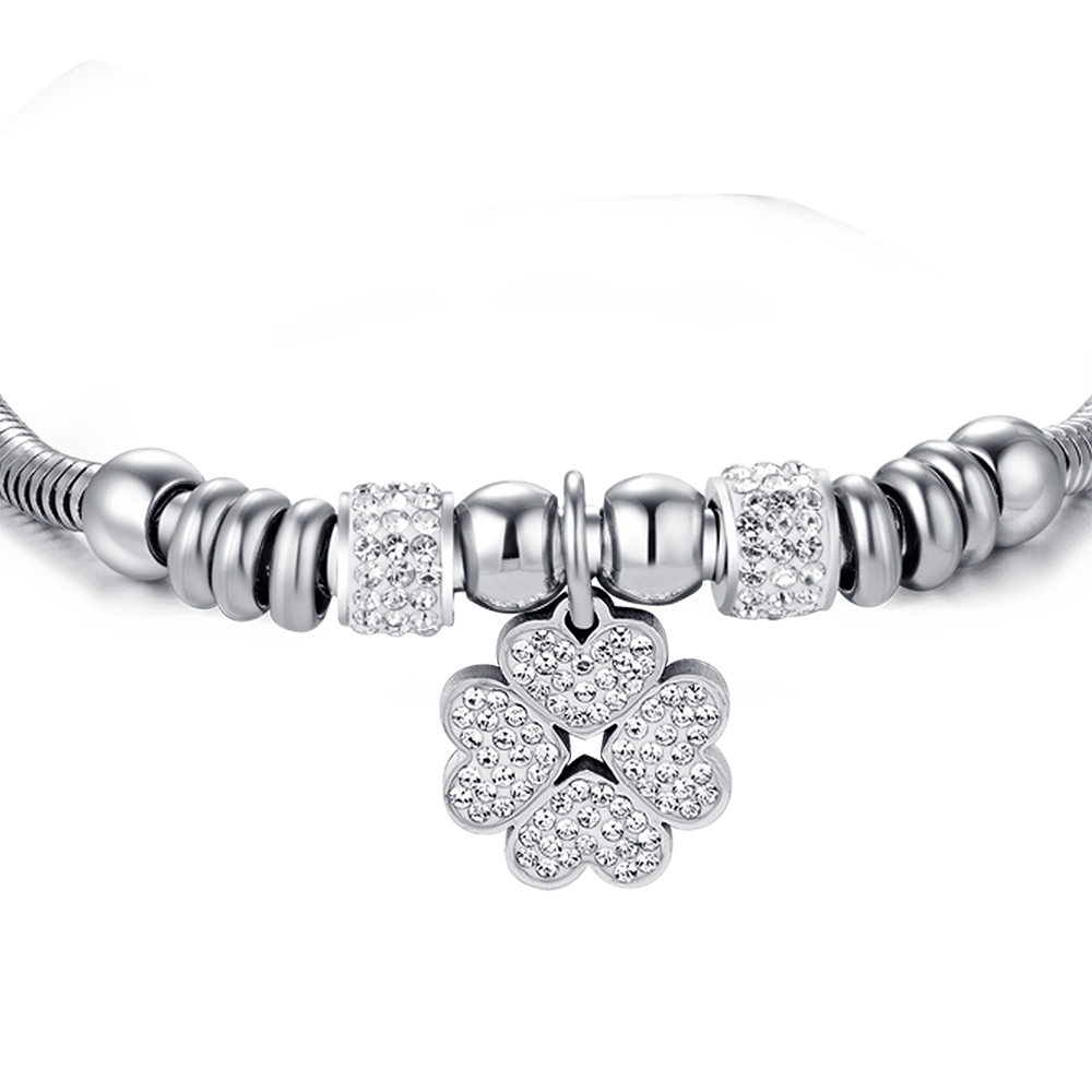 DAMENARMBAND AUS STAHL MIT VIERBLÄTTRIGEM KLEEBLATT MIT WEISSEN KRISTALLEN