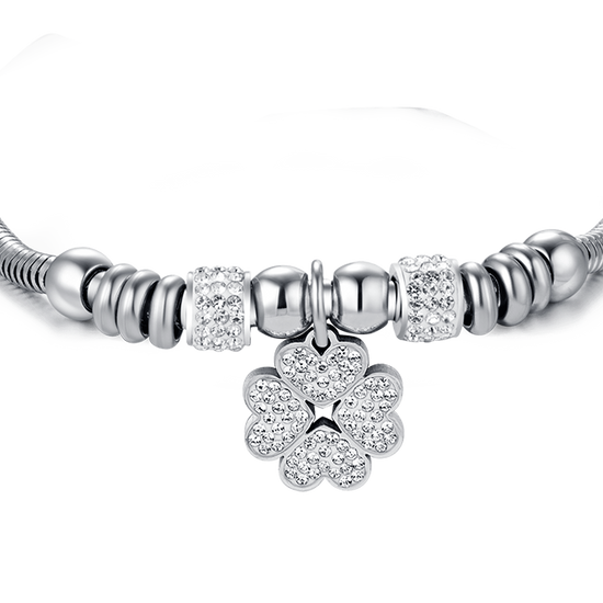 DAMENARMBAND AUS STAHL MIT VIERBLÄTTRIGEM KLEEBLATT MIT WEISSEN KRISTALLEN