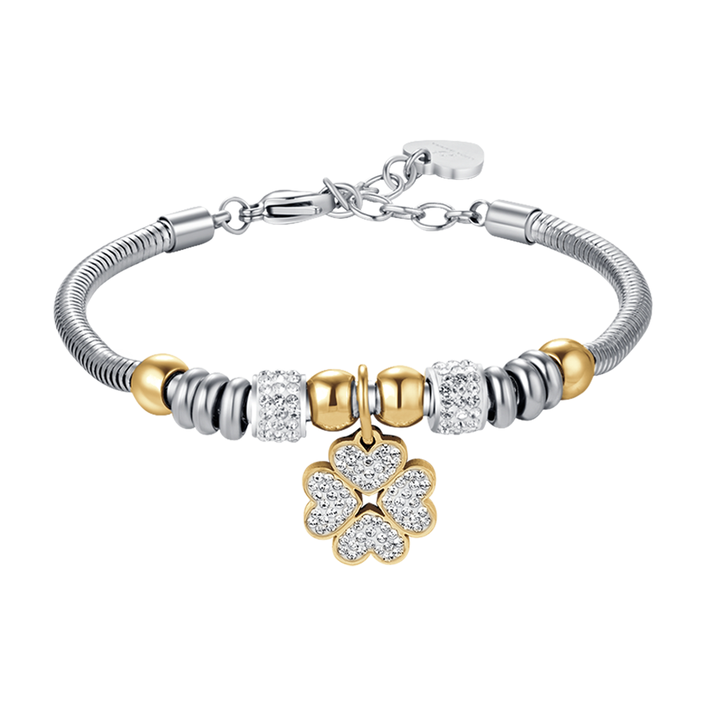 DAMENARMBAND AUS STAHL MIT VIERBLÄTTRIGEM KLEEBLATT MIT WEISSEN KRISTALLEN