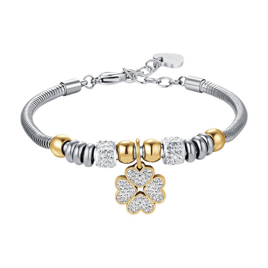 DAMENARMBAND AUS STAHL MIT VIERBLÄTTRIGEM KLEEBLATT MIT WEISSEN KRISTALLEN