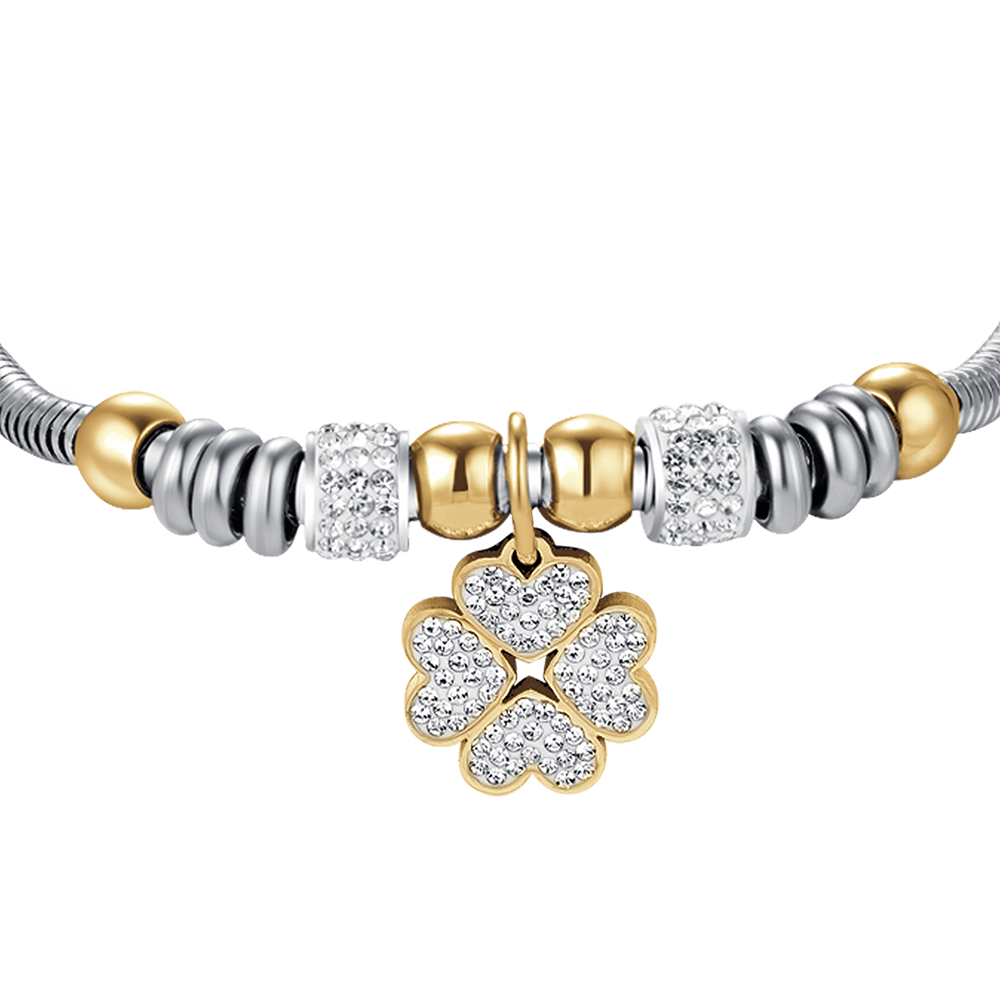 DAMENARMBAND AUS STAHL MIT VIERBLÄTTRIGEM KLEEBLATT MIT WEISSEN KRISTALLEN