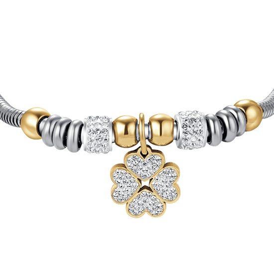 DAMENARMBAND AUS STAHL MIT VIERBLÄTTRIGEM KLEEBLATT MIT WEISSEN KRISTALLEN