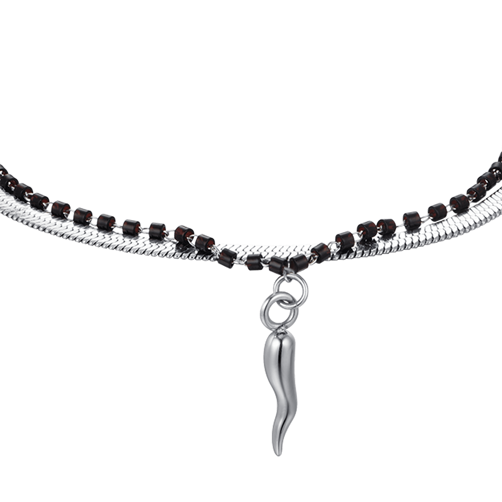 DAMENARMBAND AUS STAHL MIT HORN UND SCHWARZEN ELEMENTEN