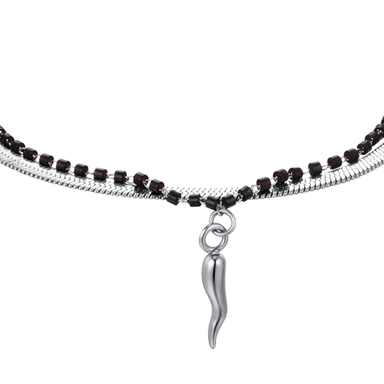DAMENARMBAND AUS STAHL MIT HORN UND SCHWARZEN ELEMENTEN