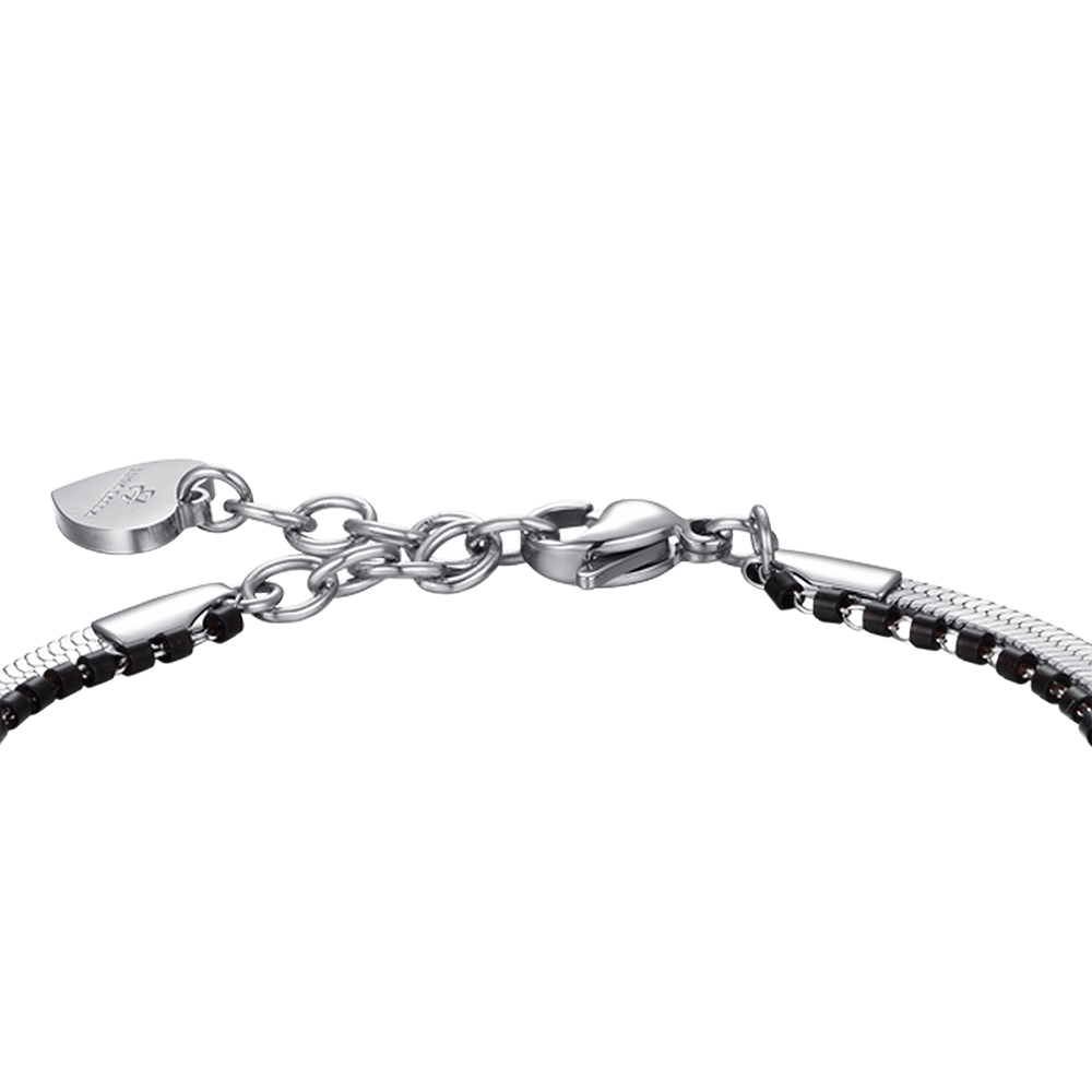 DAMENARMBAND AUS STAHL MIT HORN UND SCHWARZEN ELEMENTEN
