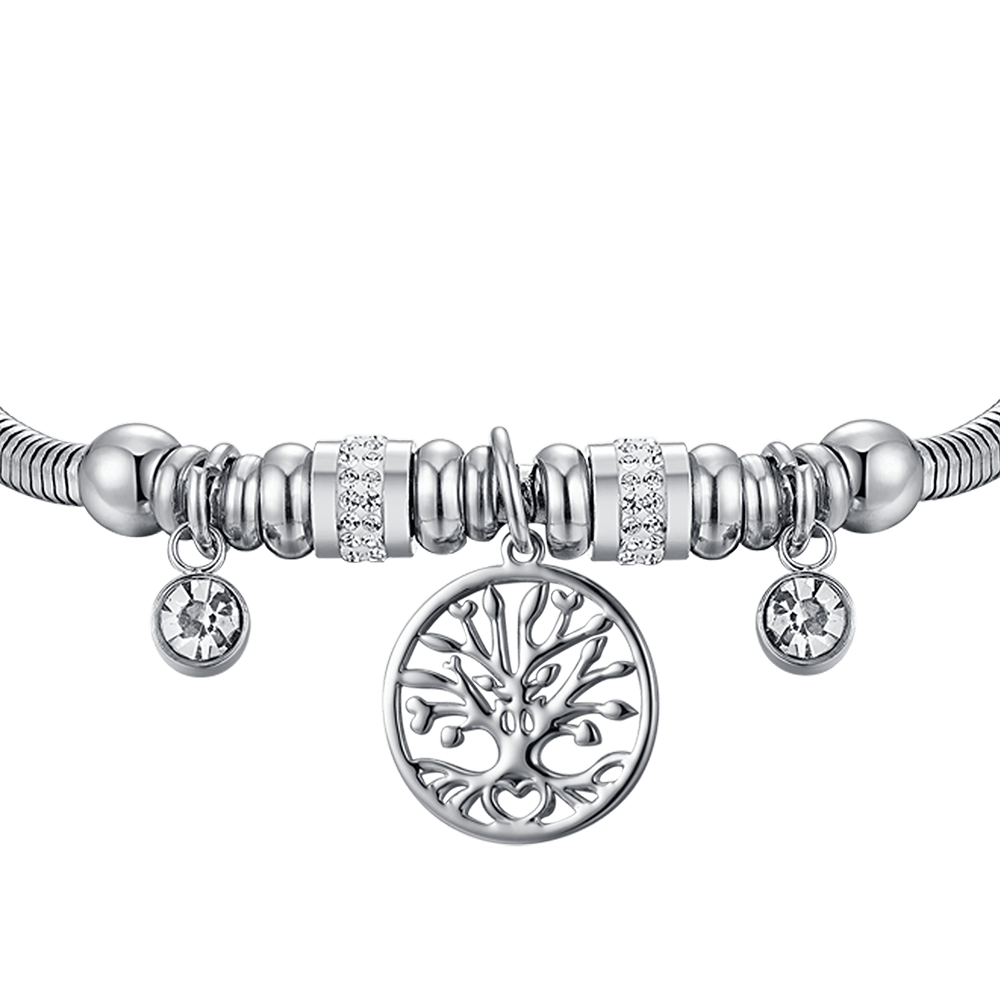 DAMENARMBAND AUS STAHL MIT LEBENSBAUM UND WEISSEN KRISTALLEN
