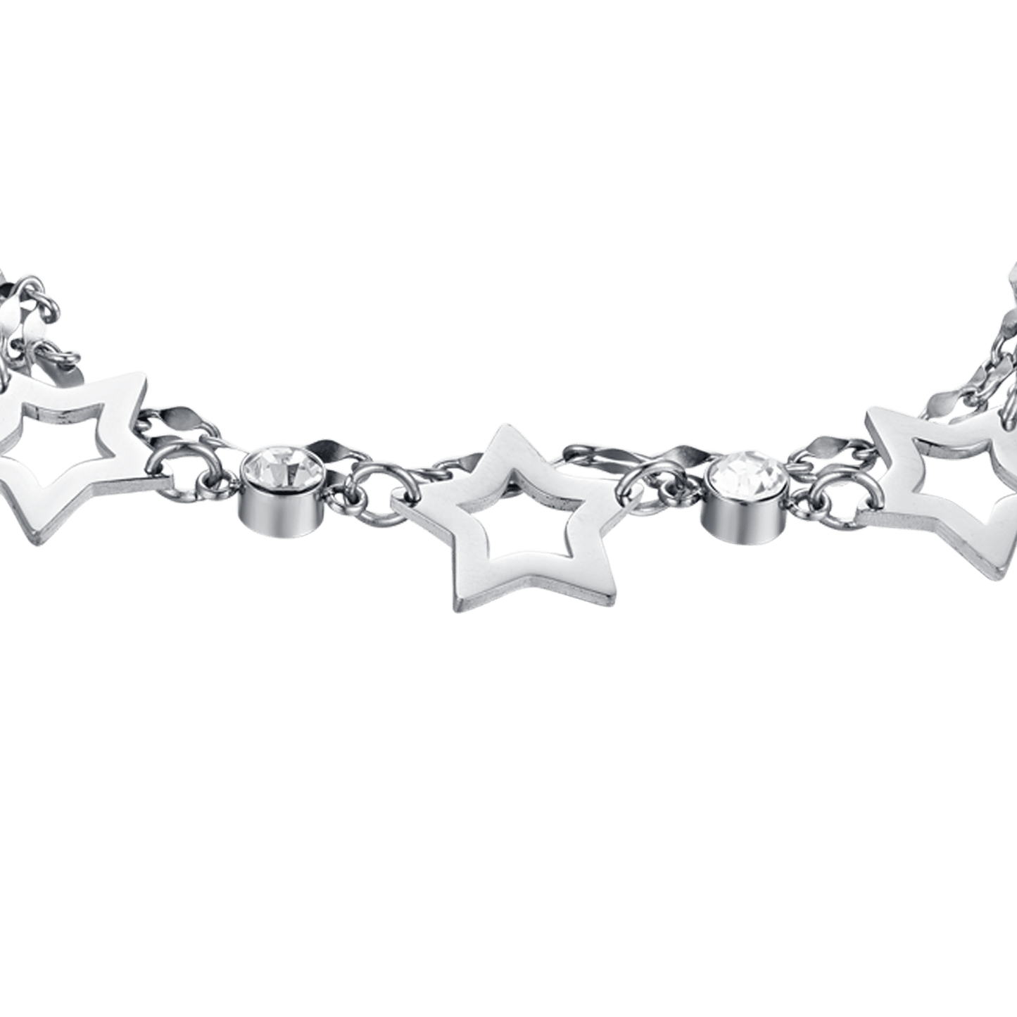 MEHRREIHIGES DAMENARMBAND AUS STAHL MIT DURCHBROCHENEN STERNEN UND WEISSEN KRISTALLEN