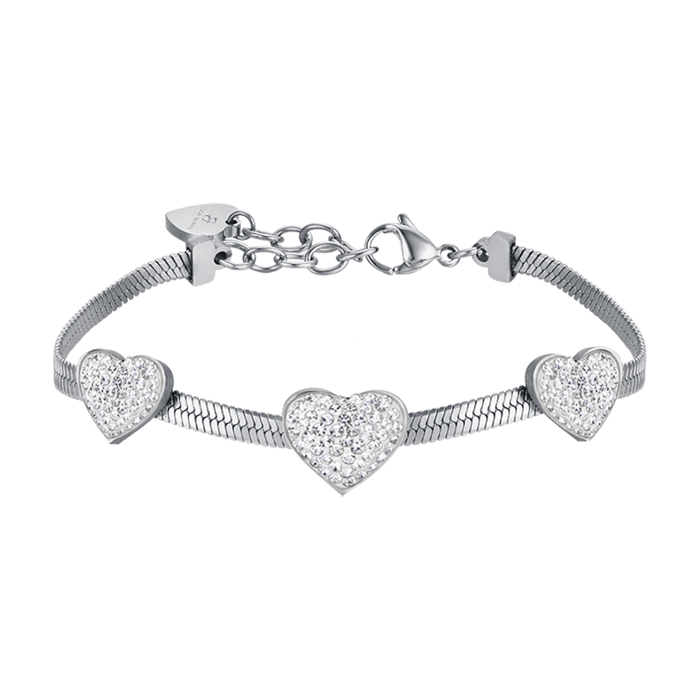 SCHLANGENSTAHL DAMENARMBAND MIT HERZEN MIT WEISSEN KRISTALLEN