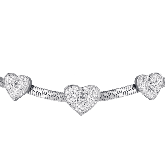 SCHLANGENSTAHL DAMENARMBAND MIT HERZEN MIT WEISSEN KRISTALLEN