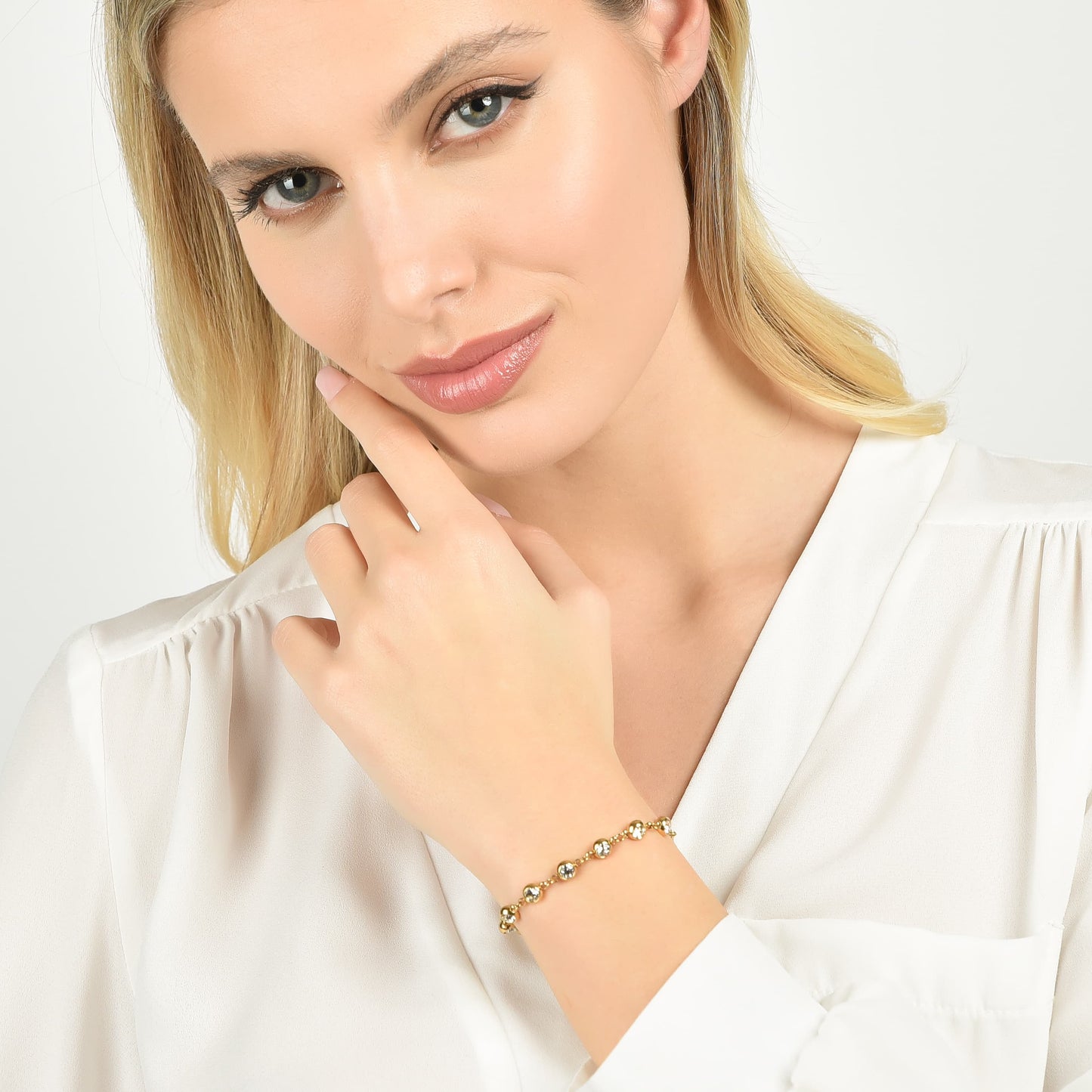 IP GOLD STAHL DAMENARMBAND MIT WEISSEN KRISTALLEN