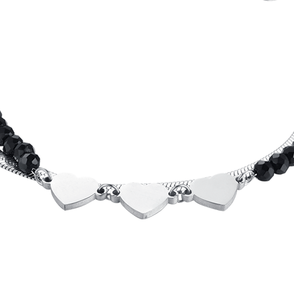 MEHRREIHIGES DAMENARMBAND AUS STAHL MIT SCHWARZEN KRISTALLEN UND HERZEN