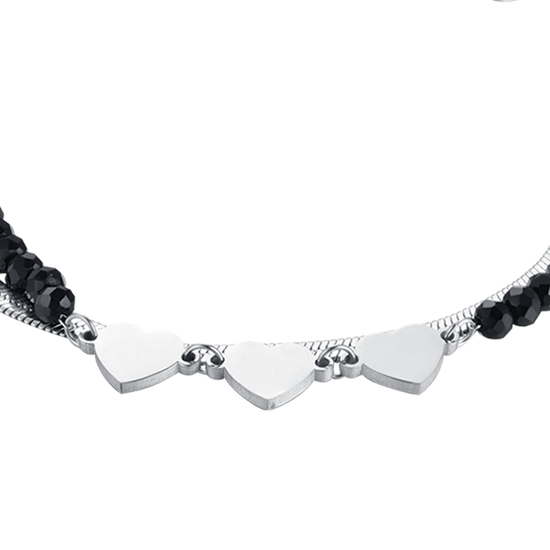 MEHRREIHIGES DAMENARMBAND AUS STAHL MIT SCHWARZEN KRISTALLEN UND HERZEN