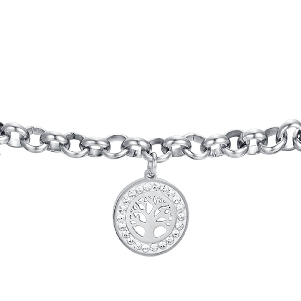 DAMENARMBAND AUS STAHL MIT LEBENSBAUM UND WEISSEN KRISTALLEN