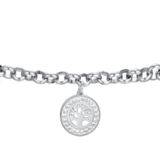 DAMENARMBAND AUS STAHL MIT LEBENSBAUM UND WEISSEN KRISTALLEN