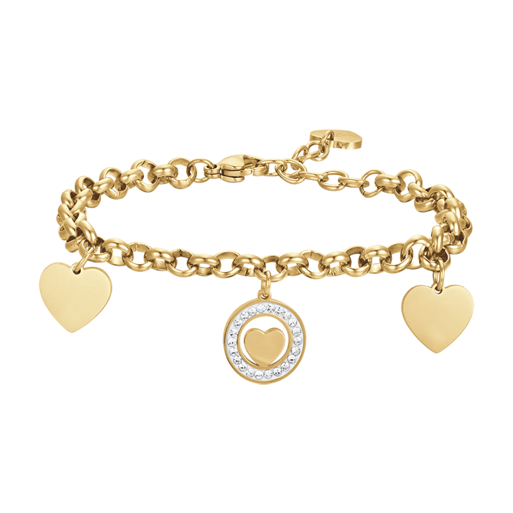 IP GOLD STAHL DAMENARMBAND MIT HERZEN UND WEISSEN KRISTALLEN
