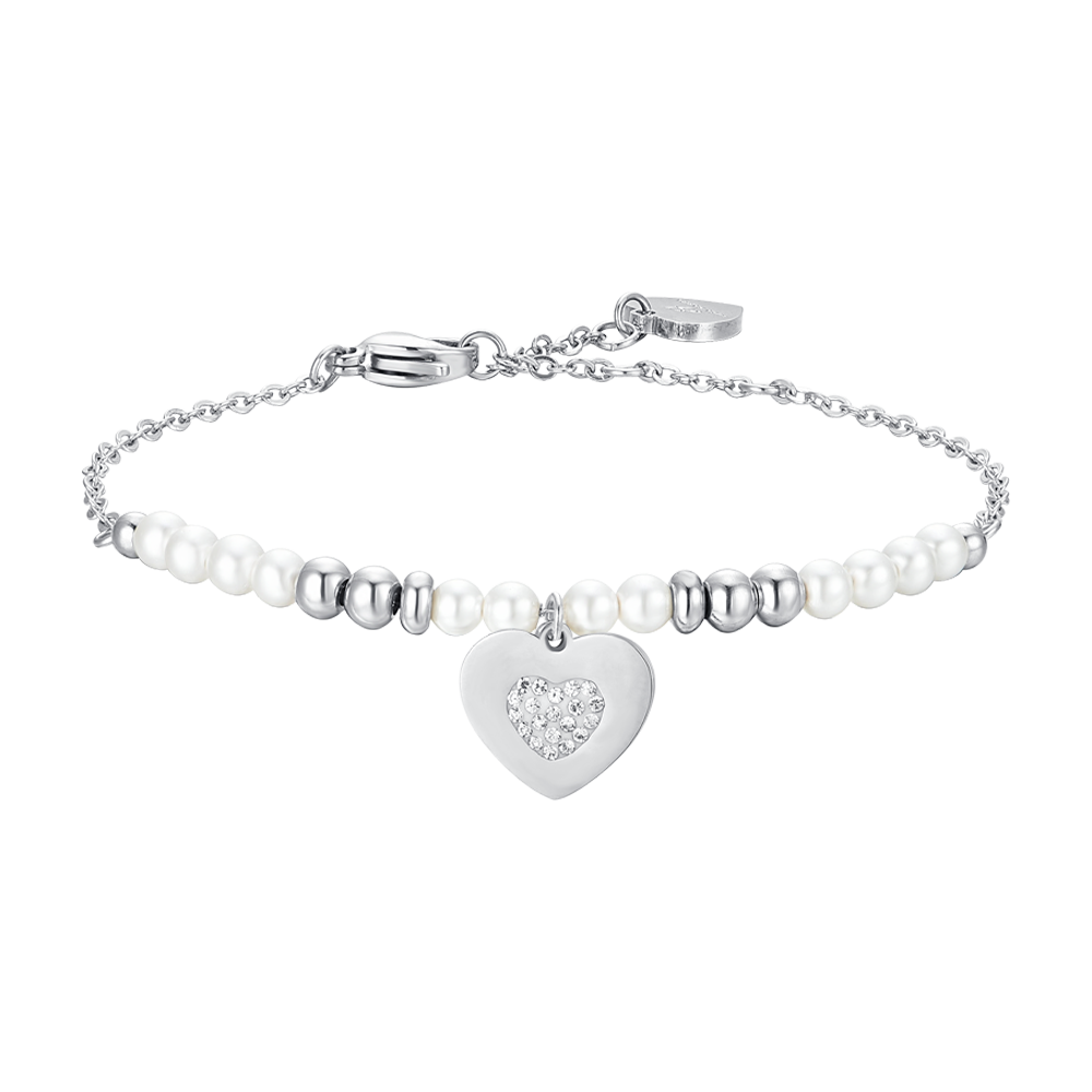 BRACCIALE DONNA IN ACCIAIO CON PERLE SINTETICHE E CUORE