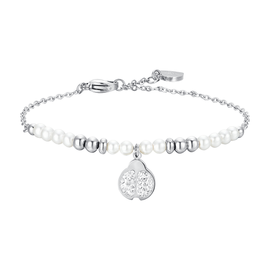 BRACCIALE DONNA IN ACCIAIO CON PERLE SINTETICHE E COCCINELLA