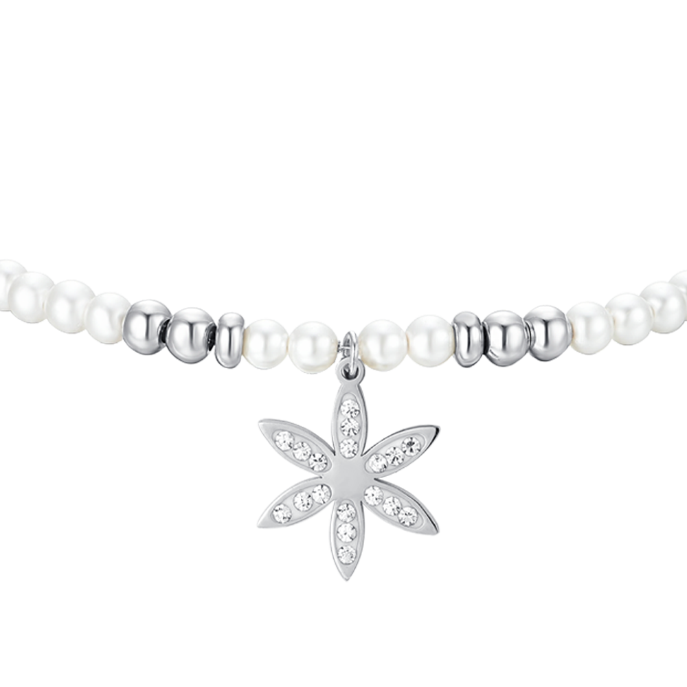 BRACCIALE DONNA IN ACCIAIO CON PERLE SINTETICHE E FIORE DELLA VITA