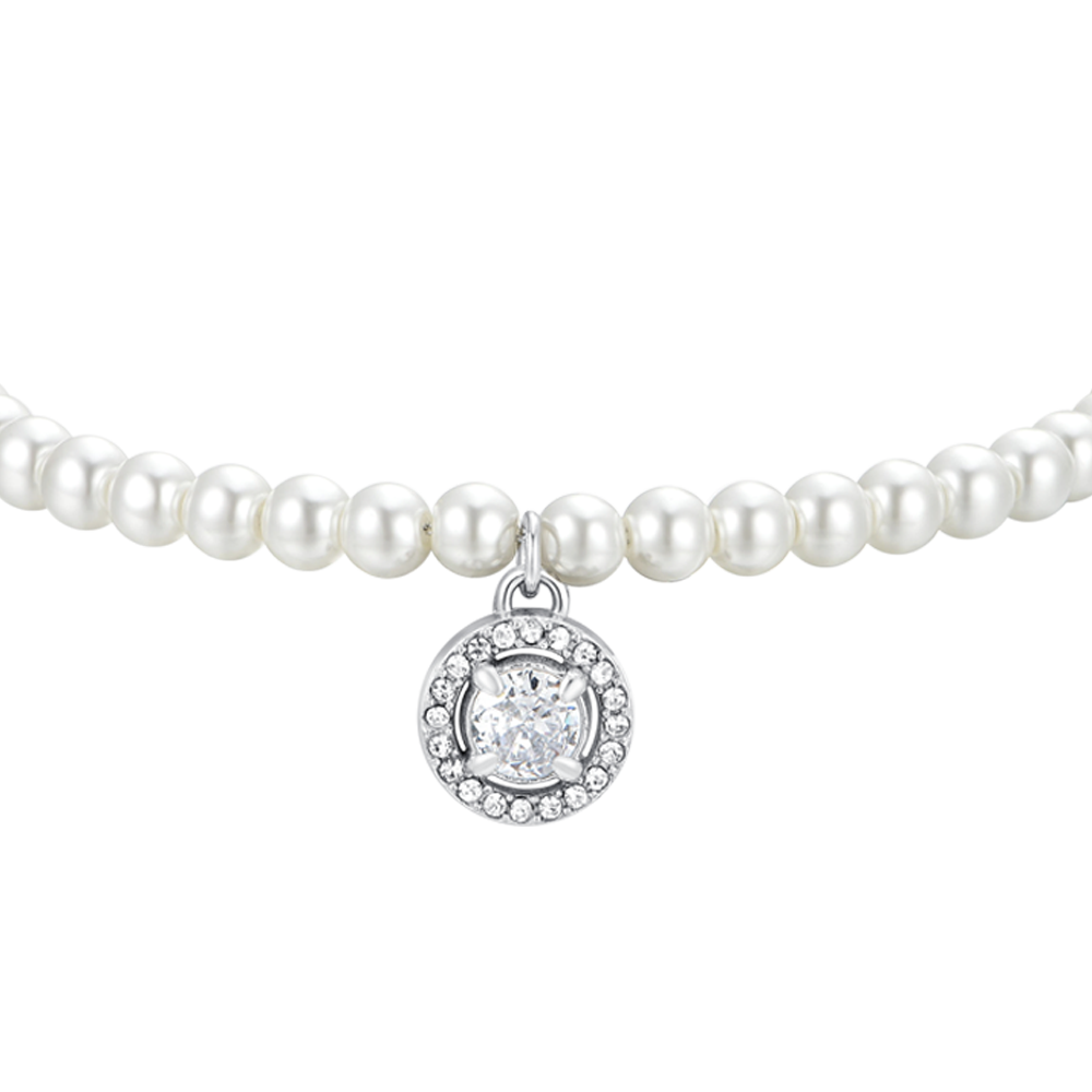 DAMENARMBAND AUS STAHL MIT PERLE UND WEISSEM ZIRKON
